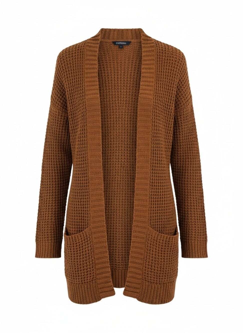 Women's Brown Waffle Knit Open Front Cardigan with Pockets